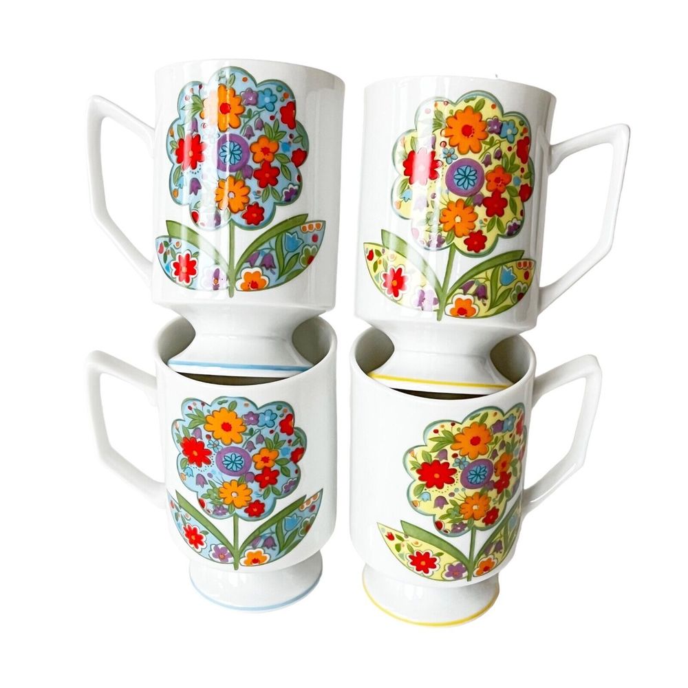 MCM Retro Flower Power Footed Mugs Coffee Cups Patchwork Daises Set 4 Japan
